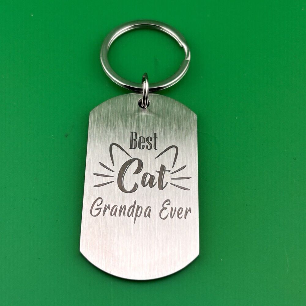 Best Cat Grandpa Ever Keychain Funny Cat Lover Gift Dog Tag Keyring With Pouch